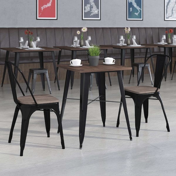 Flash Furniture Square Square Black Metal Table Set with Wood T, 26" W, 26" L, 30.25" H, Wood, Wood Grain CH-WD-TBCH-15-GG - main